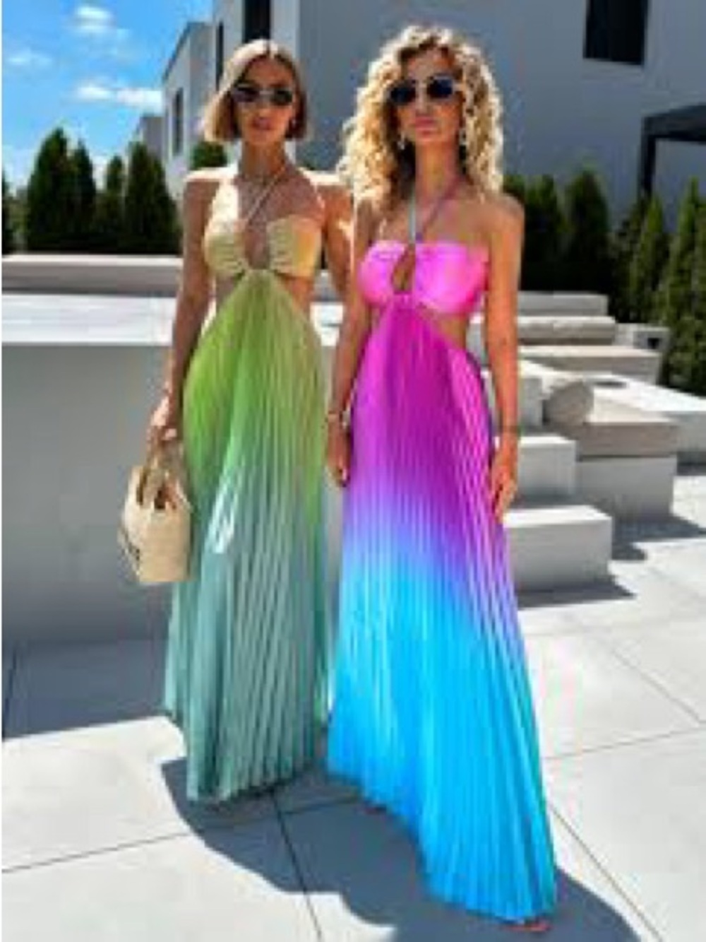 Boutique Gradient Halter Pleated Maxi Dress in Pink to Blue Ombre - Picture 8 of 9